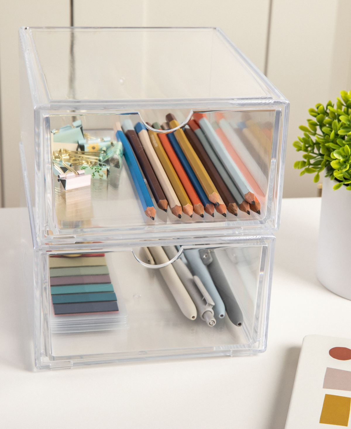 Martha Stewart Brody 2 Pack Plastic Stackable Office Desktop Organizer Boxes with Drawer,