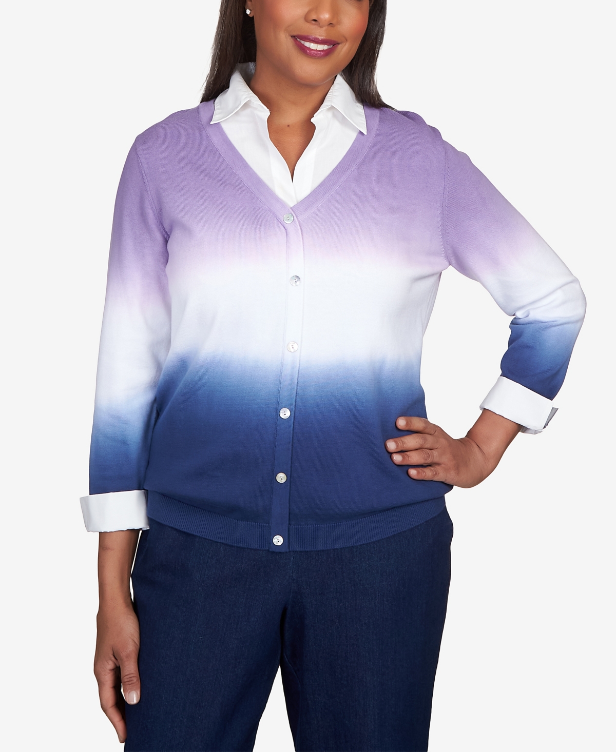 Alfred Dunner Plus Size Fields Ombre Pullover Two In One Cardigan In Lavender