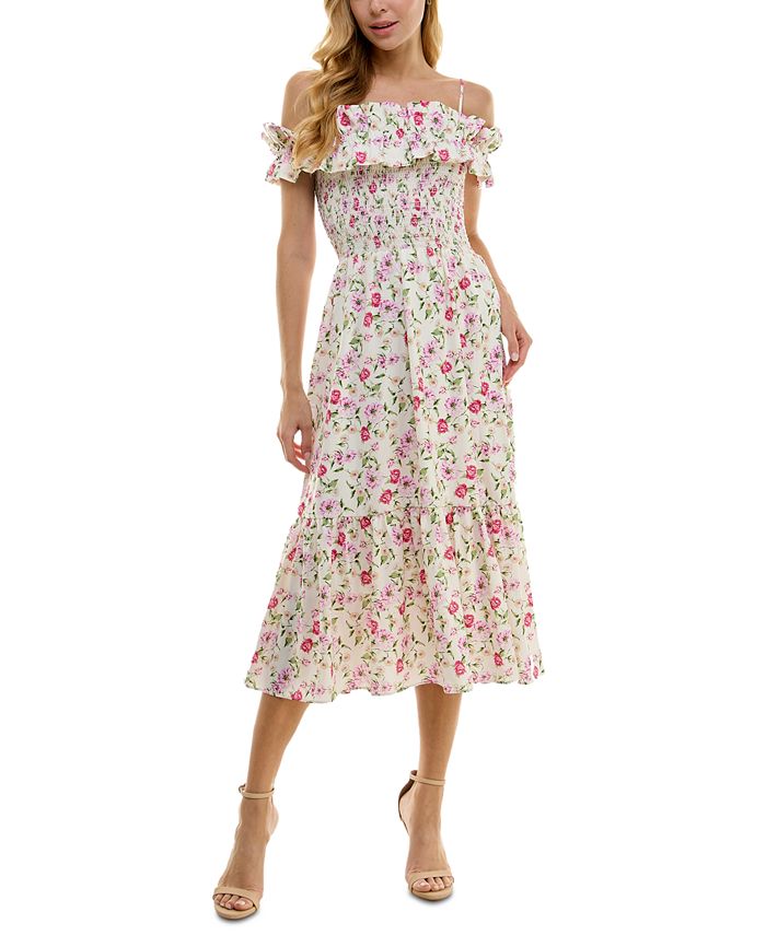 City Studios Juniors' Floral-Print Ruffled Off-The-Shoulder Midi Dress ...