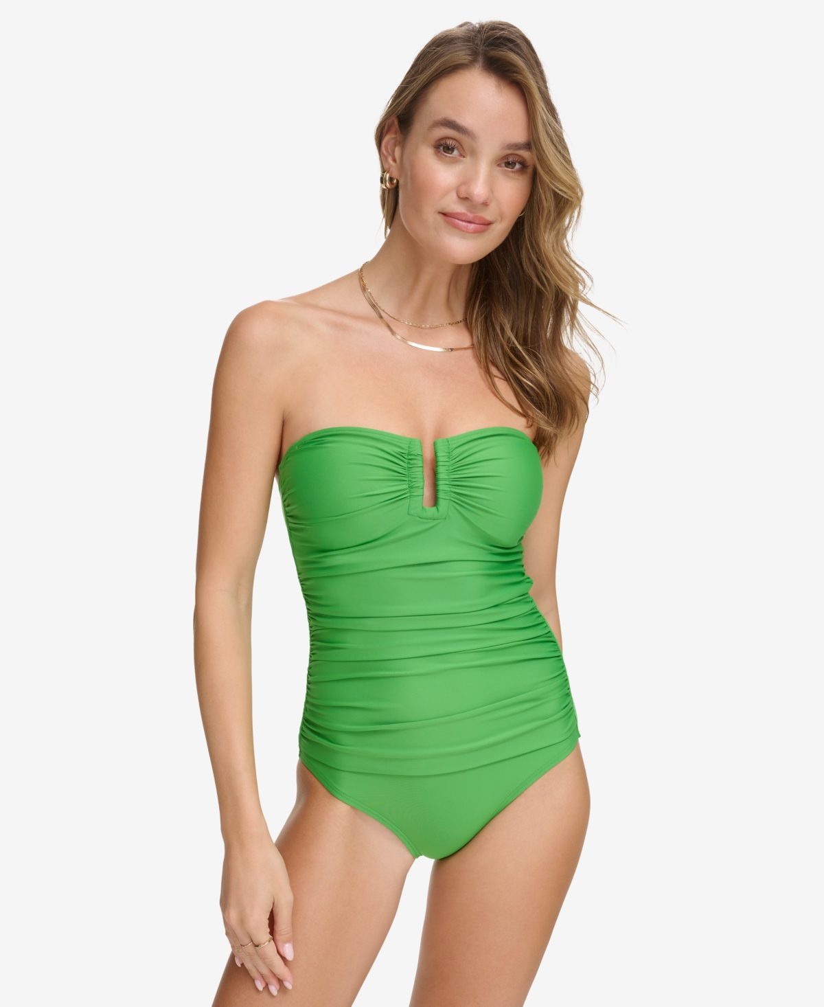 Dkny Women's Shirred One-piece Swimsuit In Grass Green