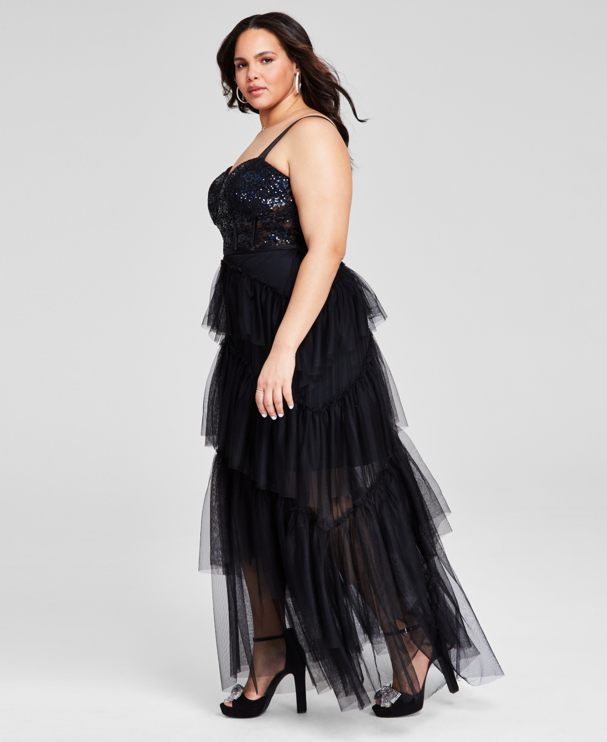 City Studios Plus Size Sequin Tiered Mesh Gown, Created for Macy's