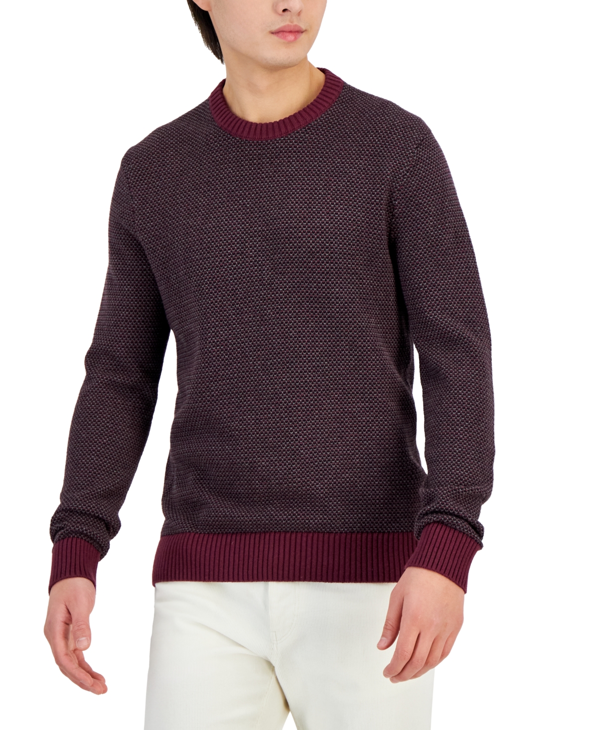 Men's Slim Fit Long-Sleeve Novelty Stitch Crewneck Sweater - Cordovan