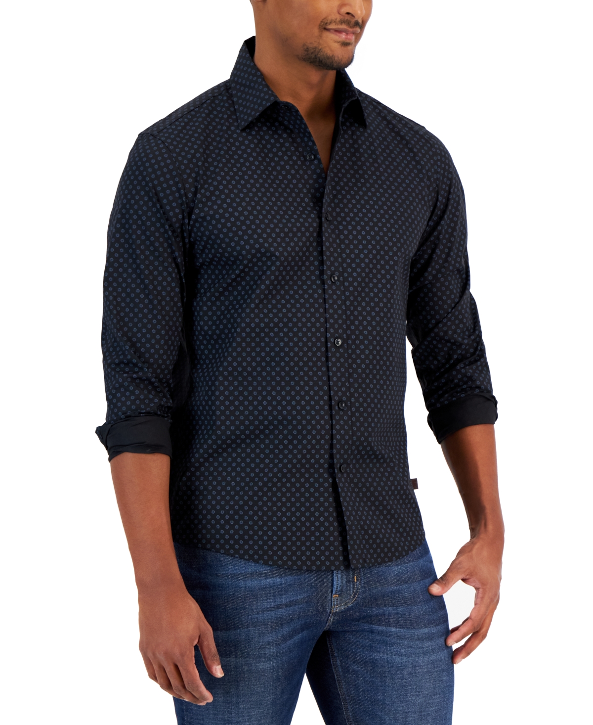 Michael Kors Men's Slim-fit Stretch Button-front Long Sleeve Floral Print Shirt In Black