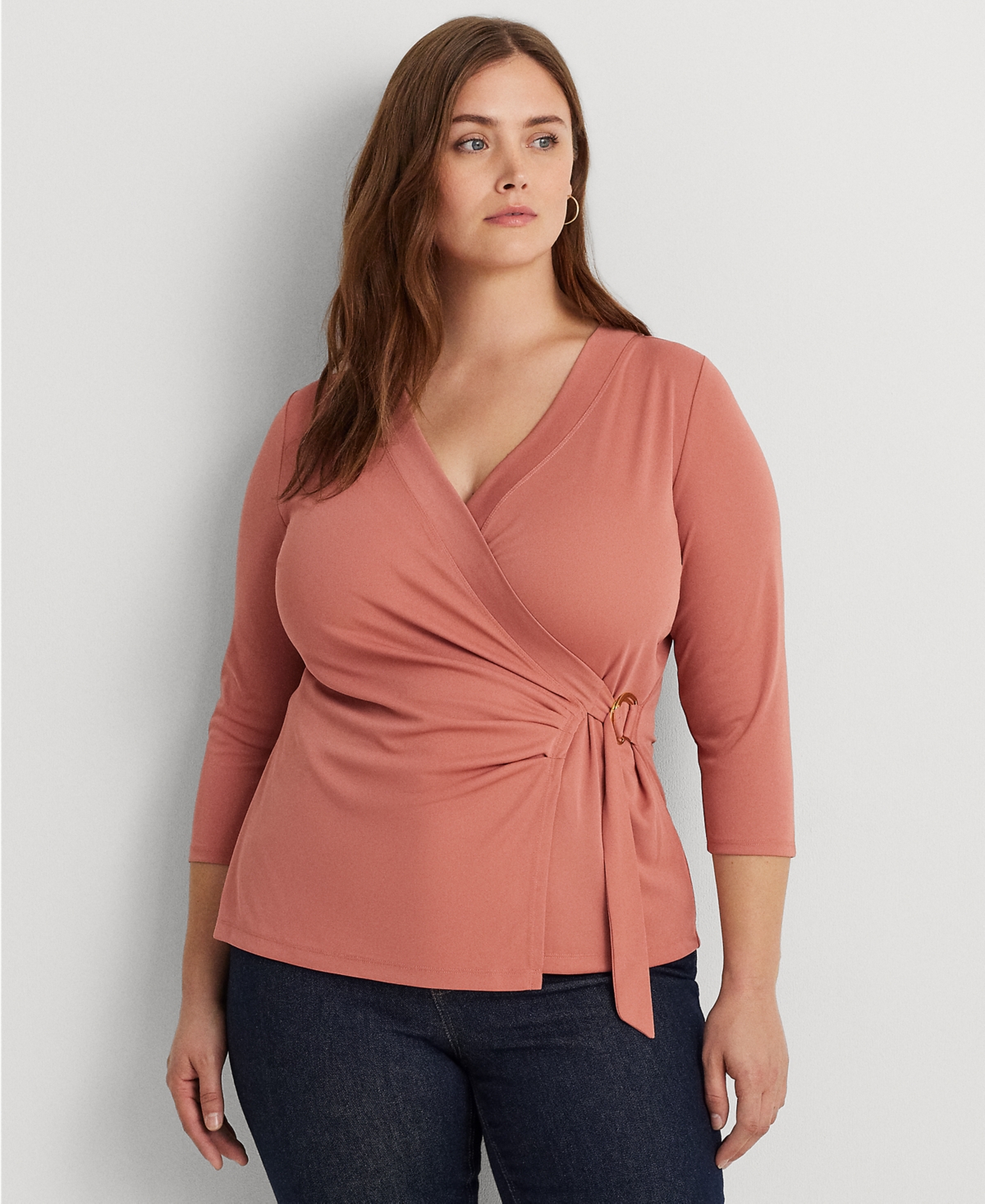 Lauren Ralph Lauren Plus Size Faux-wrap Jersey Top In Pink Mahogany