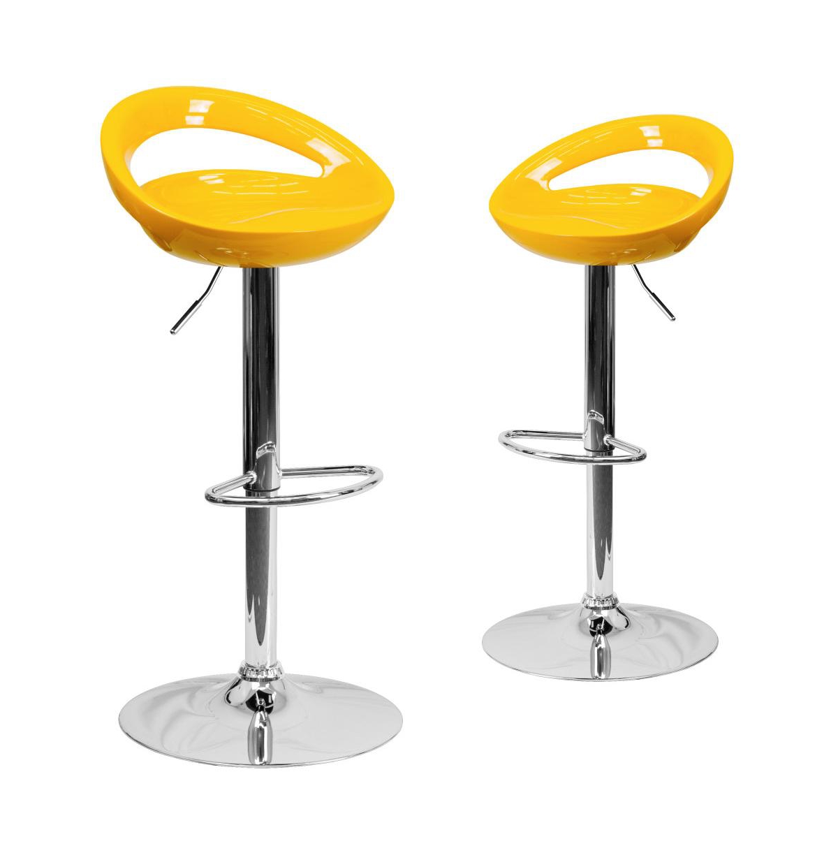 Emma+oliver 2 Pack Contemporary Plastic Adjustable Height Barstool With Rounded Cutout Back And Chrome Base In Yellow