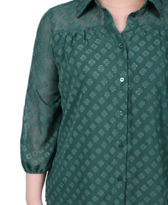 Petite 3/4 Sleeve Foiled Jacquard Chiffon Blouse