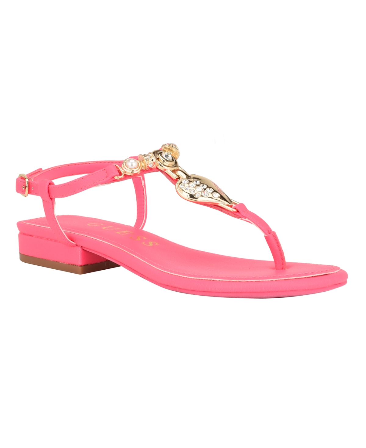 Guess Women's Jiarella Flat T Strap Hardware Accent Sandals - Pink - Faux Leather