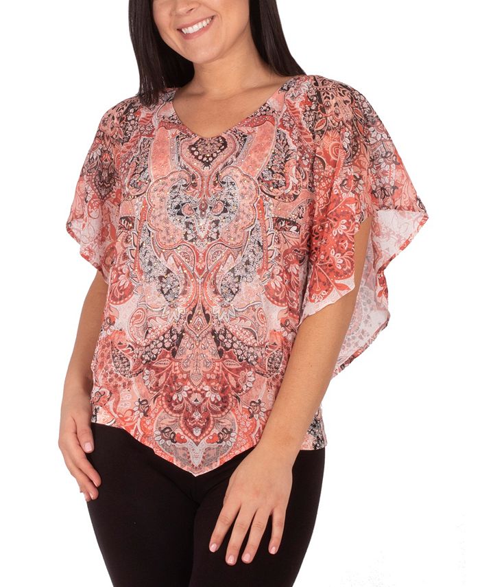 NY Collection Petite V neck Printed Poncho Top with Nailheads Macy s