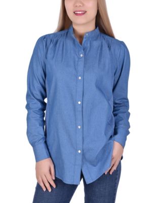 Petite Long Sleeve Chambray Blouse