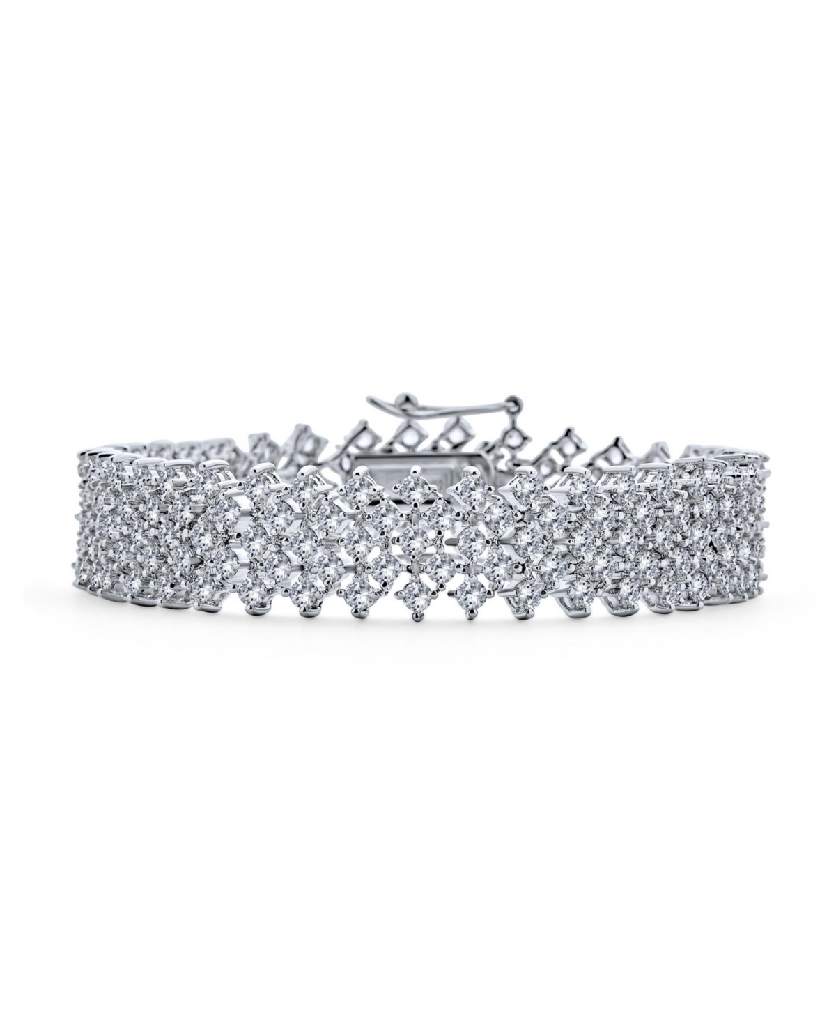 Elegant Bridal Wide Aaa Cz Statement Bracelet Rhodium Plated for Women, Prom, Wedding Formal Wear Multi Row Lattice Design - Clear