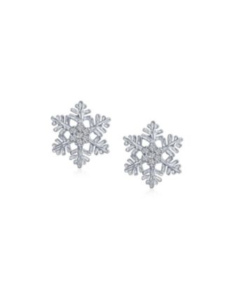 Holiday Party Flower Christmas Winter Clear Blue Cubic Zirconia Accent CZ Snowflake Stud Earrings For Women Sterling Silver