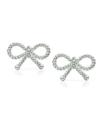 Simple Dainty Thin Twist Rope Cable Ribbon Bow Stud Earrings Rose Gold Plated .925 Sterling Silver