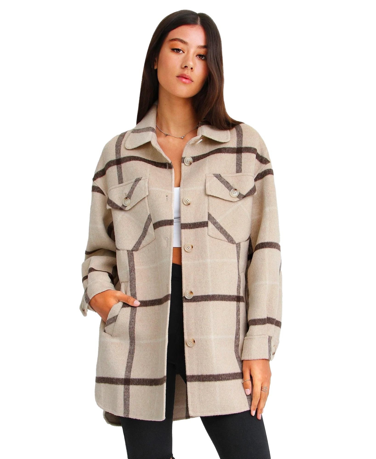 Belle & Bloom Rivers Edge Plaid Shacket In Beige
