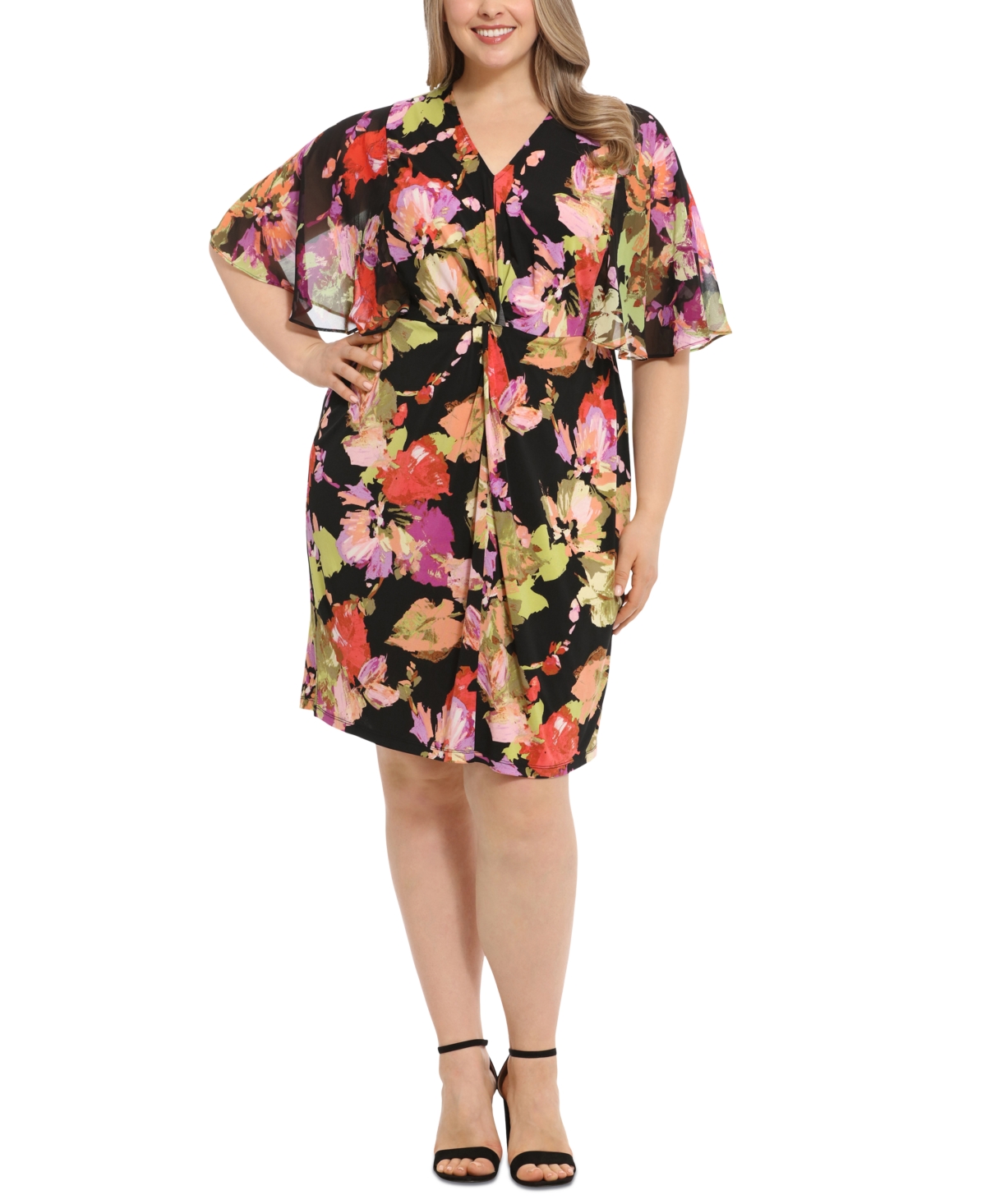 London Times Plus Size Printed Twist-front Capelet Dress In Blk Multi