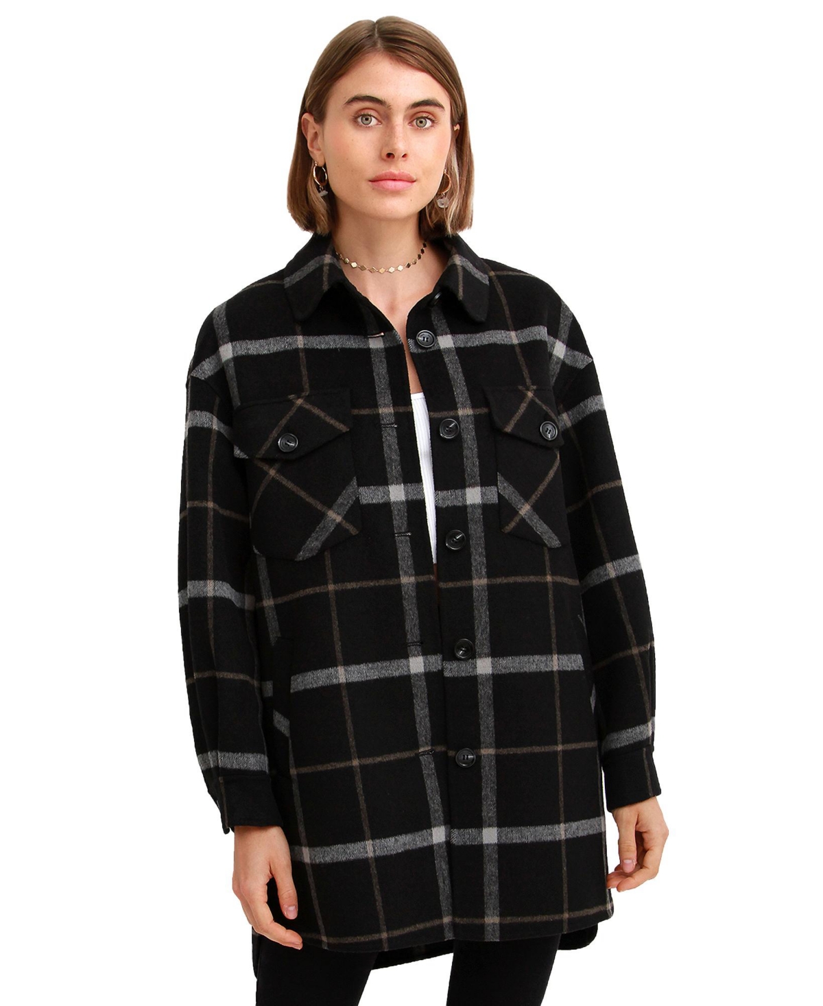 Belle & Bloom Rivers Edge Oversize Plaid Wool Blend Shacket In Black|yellow|white