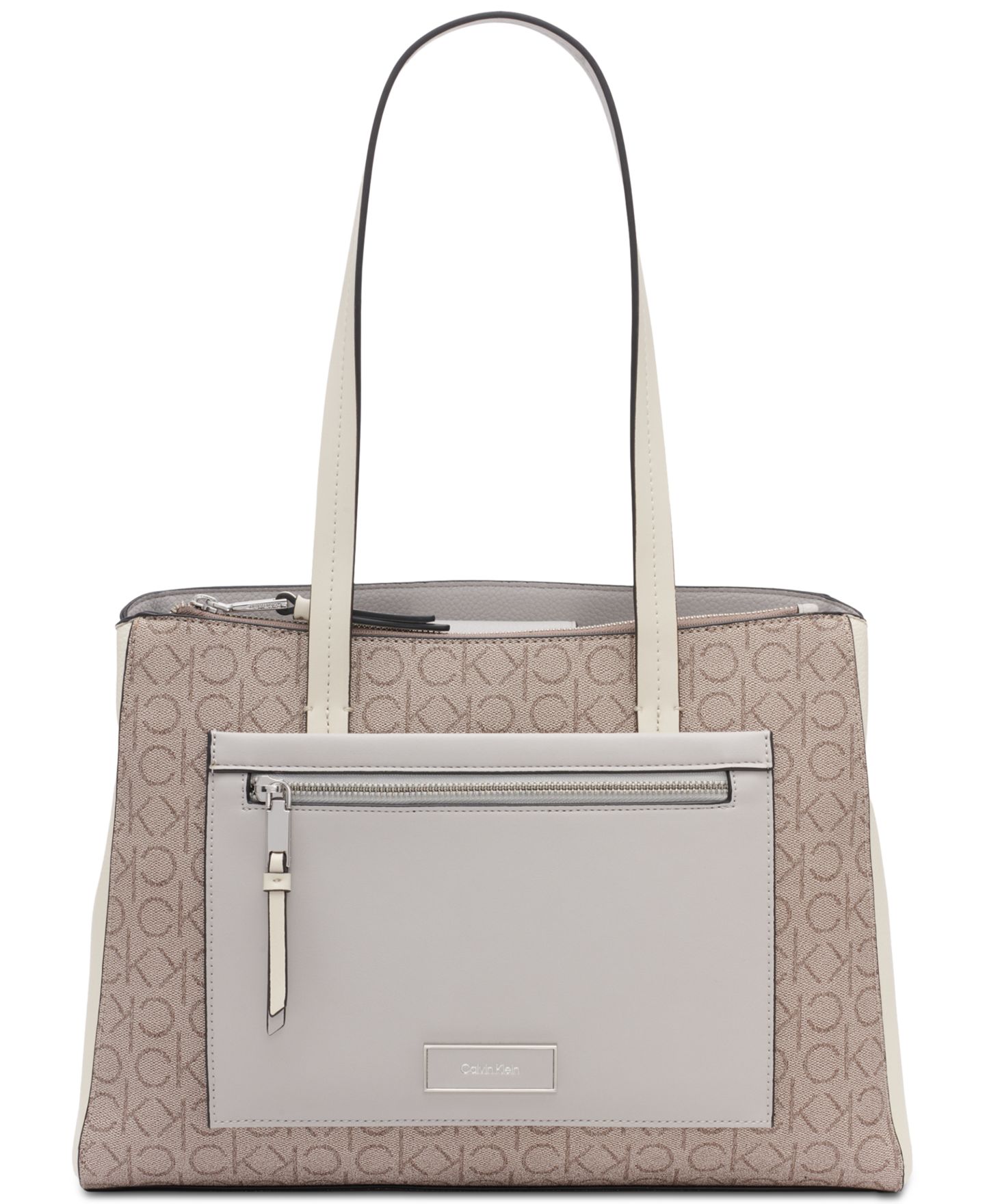 Женская сумка Calvin Klein Hadley Signature Colorblocked Triple Compartment Tote, цвет: Миндальный серо-коричневый / Белый — фото 1