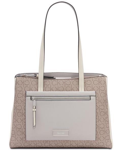 Женская сумка Calvin Klein Hadley Signature Colorblocked Triple Compartment Tote, цвет: Миндальный серо-коричневый / Белый