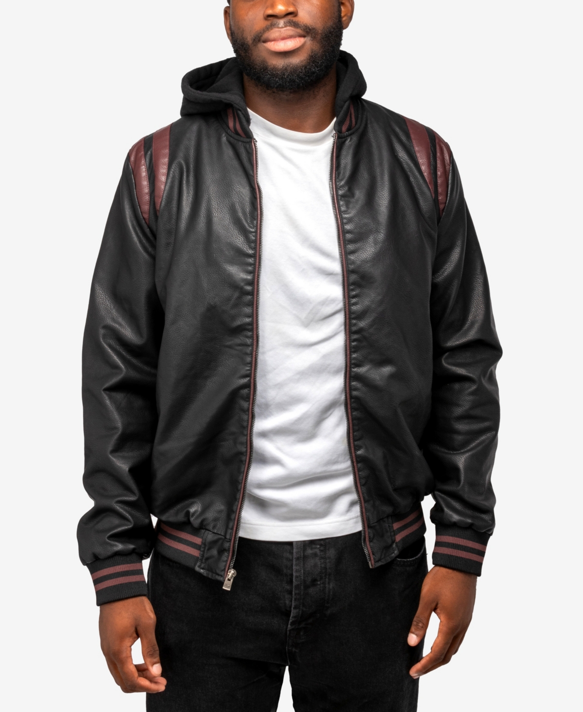 X-ray Men's Grainy Polyurethane Hooded Jacket With Faux Shearling Lining In Black,burgundy
