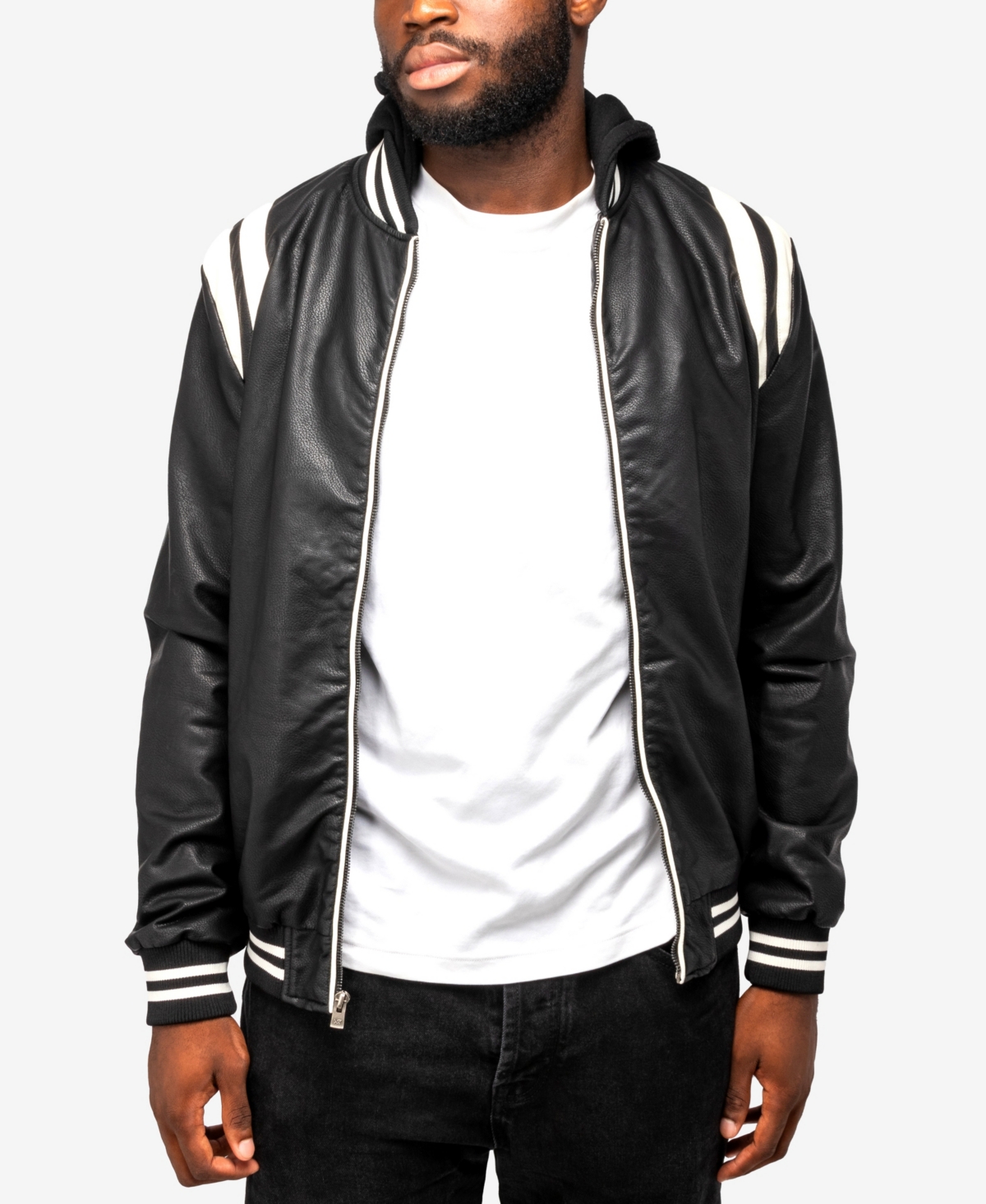 Shop X-ray Men's Grainy Polyurethane Hooded Jacket With Faux Shearling Lining In Black,white