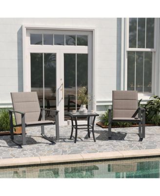 Brevyn 3 Piece Outdoor Bistro Set With Flex Comfort Rocking Chairs And Steel Framed Glass Top Table