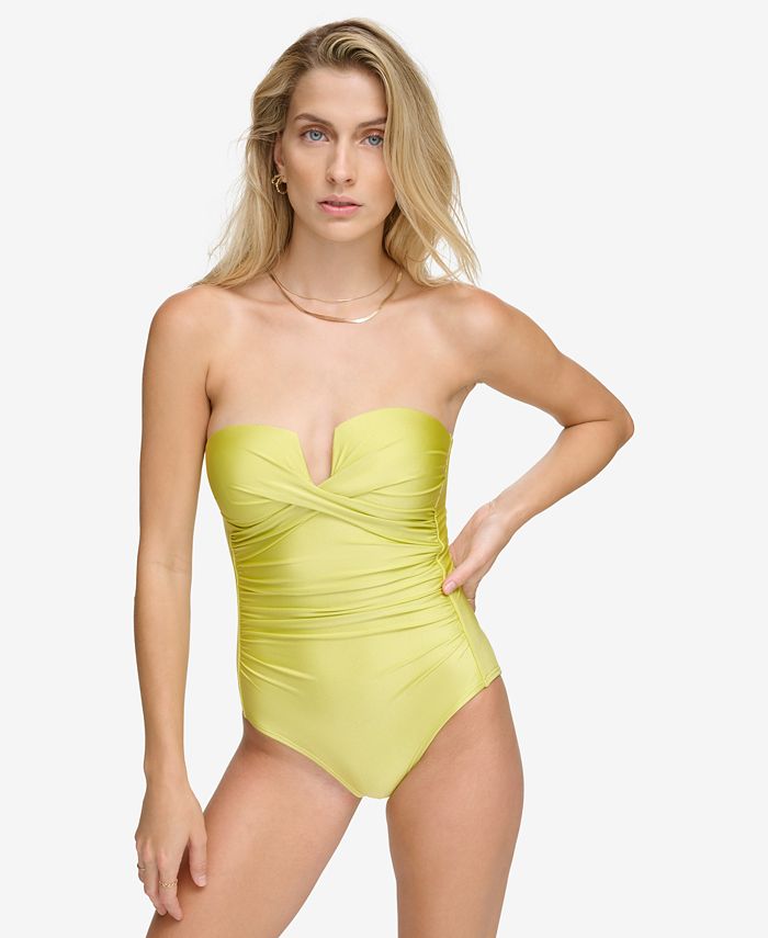 Calvin Klein Women's Shirred Tummy-Control Split-Cup Bandeau One-Piece  Swimsuit - Macy's
