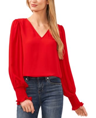 CeCe - Women's Long-Sleeve Smocked-Cuff V-Neck Blouse