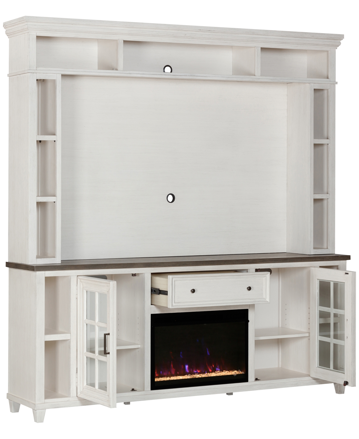 Shop Macy's 84" Dawnwood 3pc Tv Console Set (84" Console, Hutch And Fireplace) In White