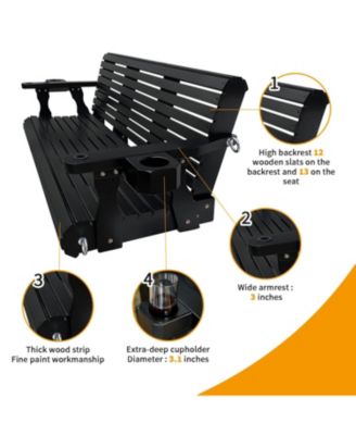 Wooden Porch Swing 3-Seater, Bench Swing with Cupholders, Hanging Chains and 7mm Springs, Heavy Duty 800 LBS, for Outdoor Patio Garden Yard