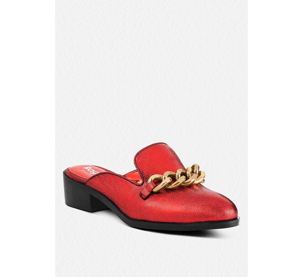 Aksa Womens Chain Embellished Leather Mules - Red
