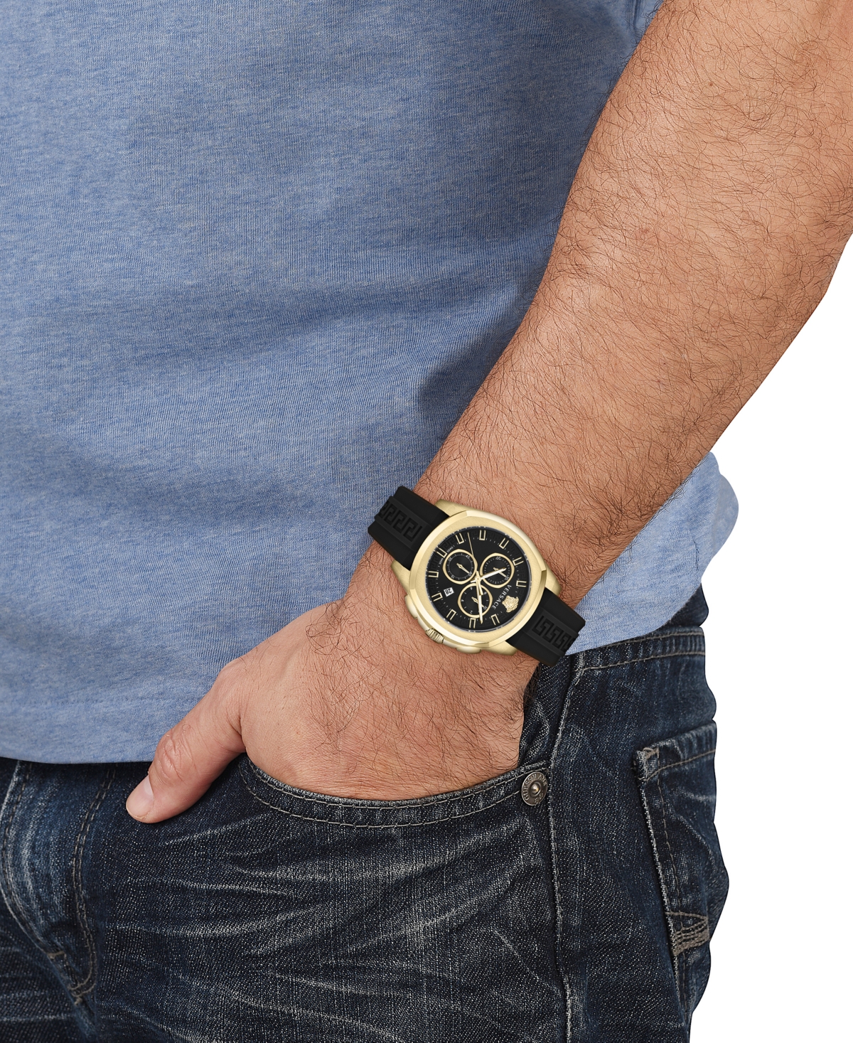 Shop Versace Men's Swiss Chronograph Geo Black Silicone Strap Watch 43mm In Ip Yellow Gold