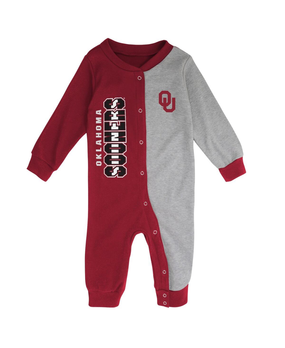 Outerstuff Newborn & Infant Crimson/heather Gray Oklahoma Sooners Half Time Two-tone Long Sleeve Full-snap Jump In Crimson,heather Gray