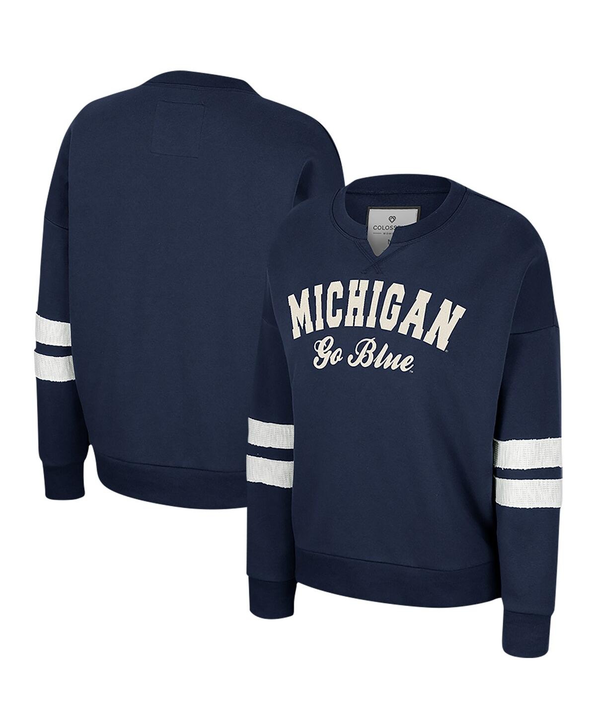 Shop Colosseum Women's  Navy Distressed Michigan Wolverines Perfect Date Notch Neck Pullover Sweatshirt
