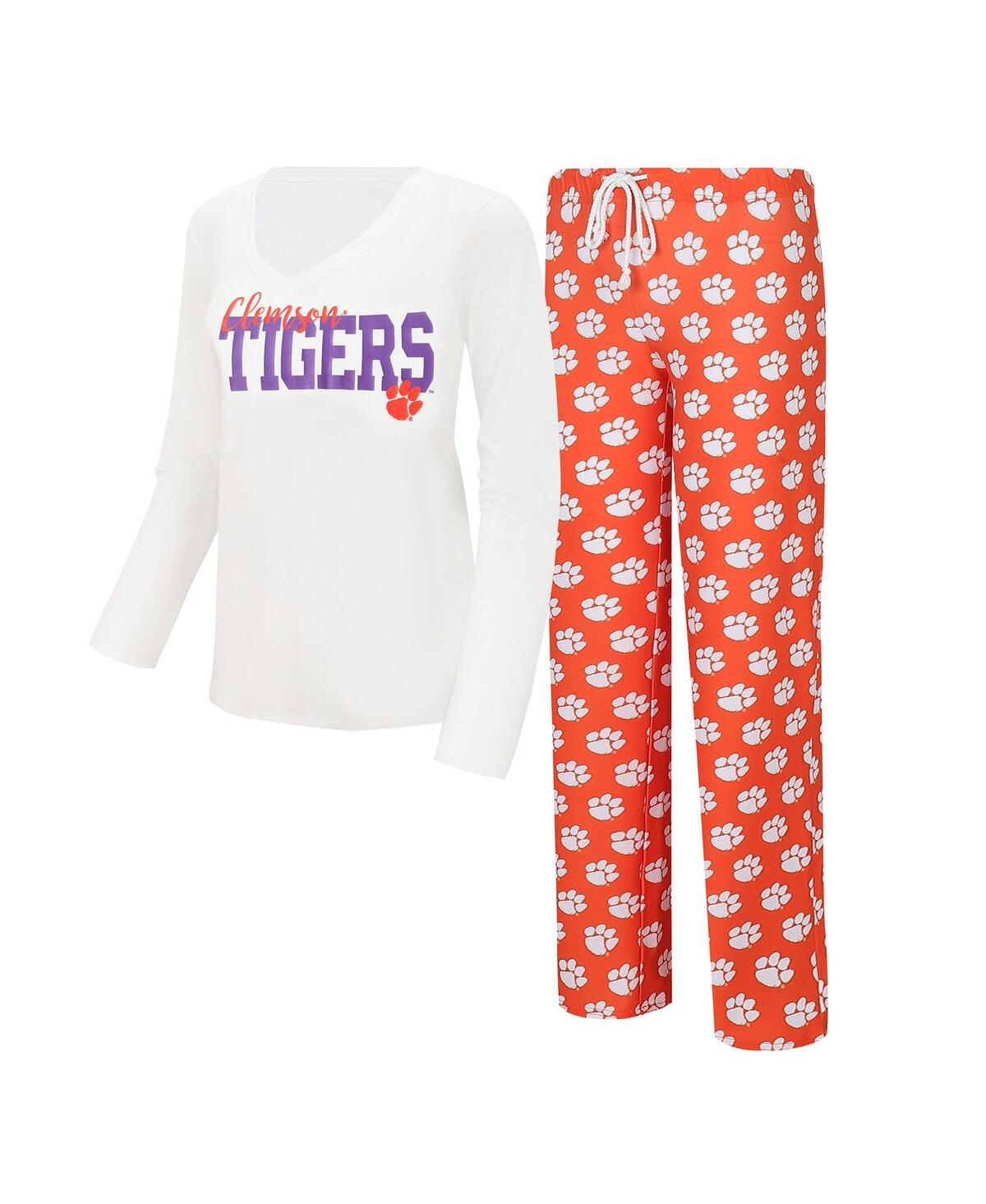 Concepts Sport Women's  White, Orange Clemson Tigers Long Sleeve V-neck T-shirt And Gauge Pants Sleep In White,orange