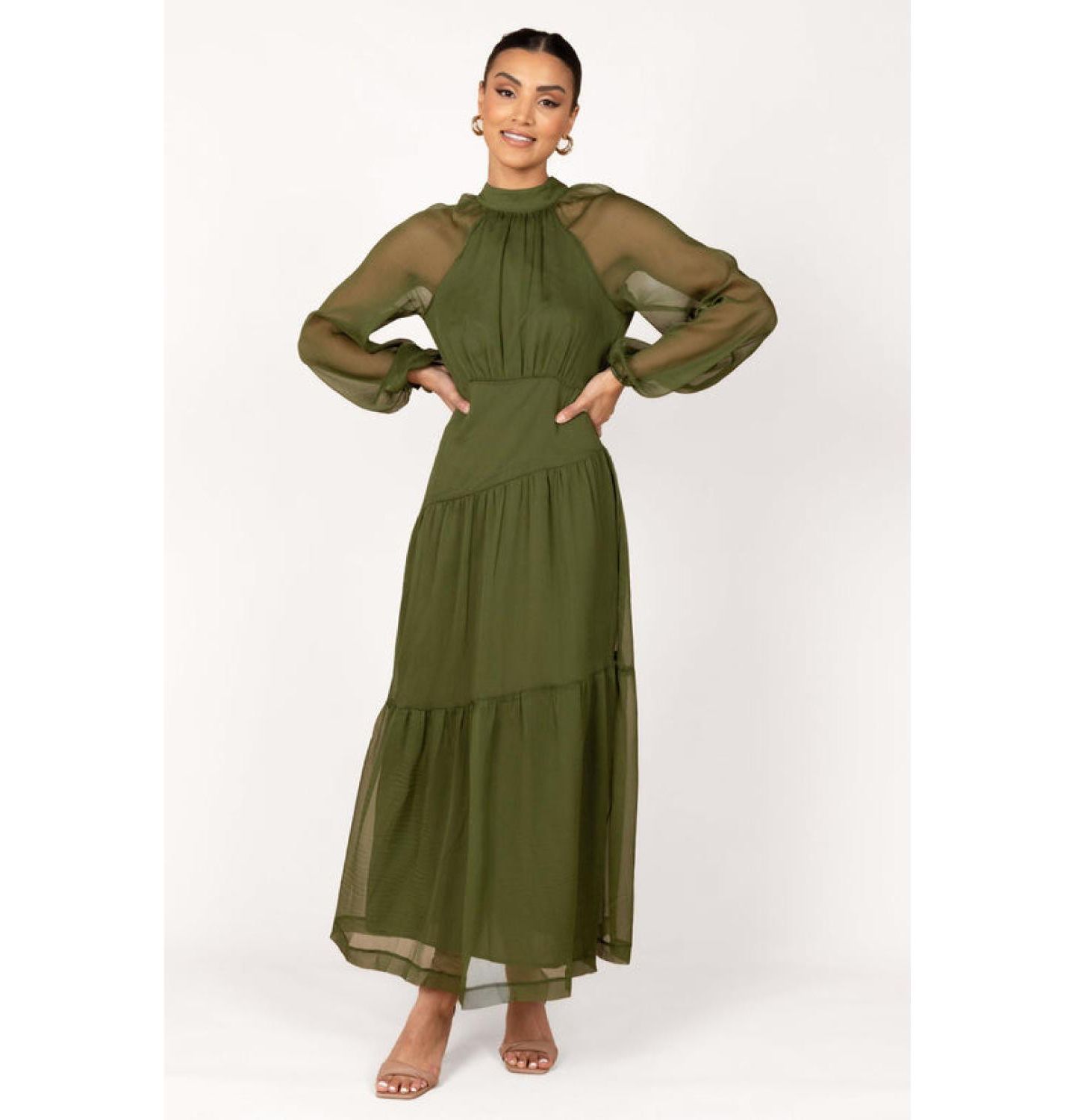 Женское платье Petal and Pup Julip Sheer Long Sleeve Maxi, цвет: Оливковый — фото 1