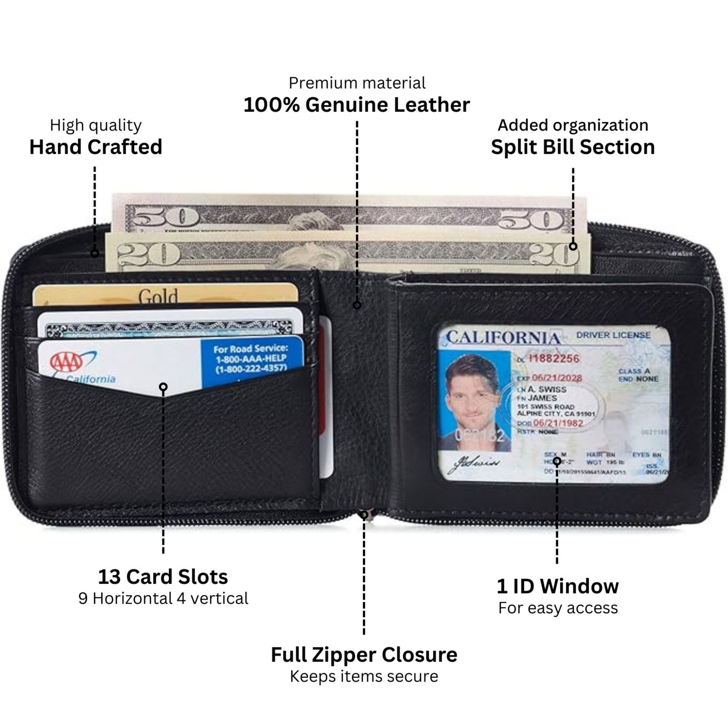 Мужской кошелёк Alpine Swiss Logan Zipper Bifold Wallet All-Around Zip Closure 13 Card Slots 2 Bill Sections RFID Protected Premium Leather Gift Box, цвет: Чёрный — фото 3