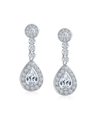 Teardrop Halo Cubic Zirconia Pave CZ Dangle Statement Clip On Dangle Earrings Rose Gold Plated