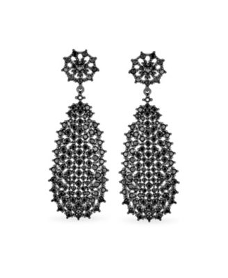 Formal Holiday Party Fashion Statement Black Crystal Dangle Linear Drop Teardrop Chandelier Earrings Prom Black Plated 2" Long