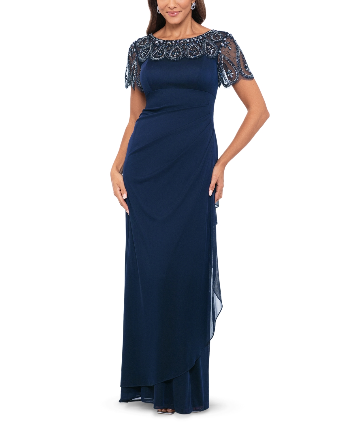 Women's Bead Embellished Short-Sleeve Gown - Navy