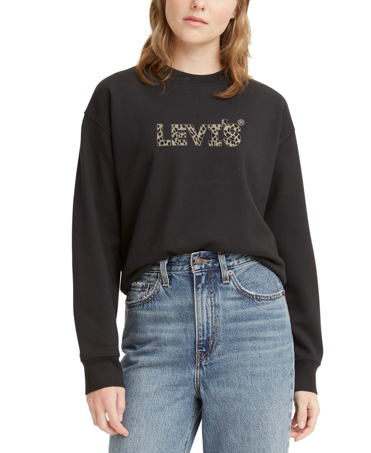 Levi's Women's Comfy Logo Fleece Crewneck Sweatshirt In Mosaic Animal Caviar