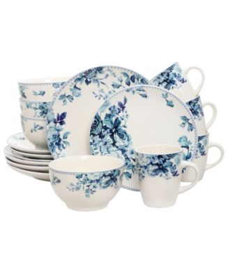 Elama Traditional Blue Rose 16 Piece Dinnerware Set - Macy's