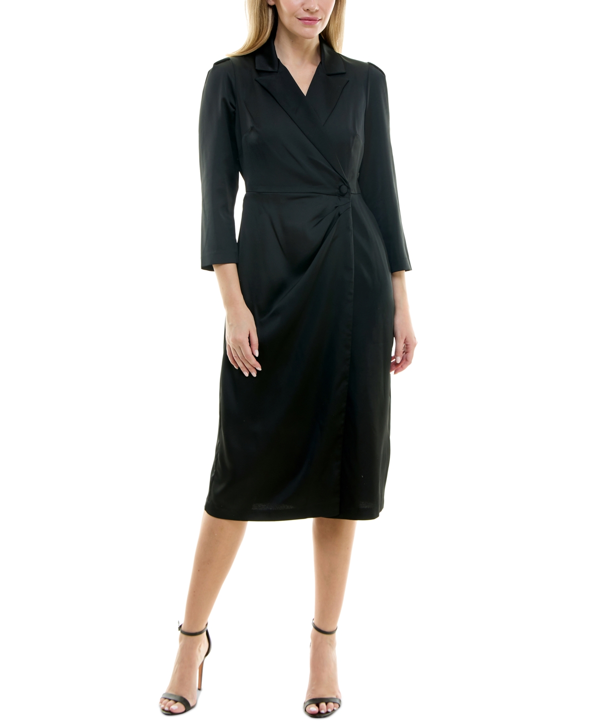 Women's 3/4-Sleeve Blazer Satin Wrap Dress - Black