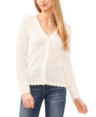 CeCe - Women's Pointelle-Knit Scalloped V-Neck Cardigan