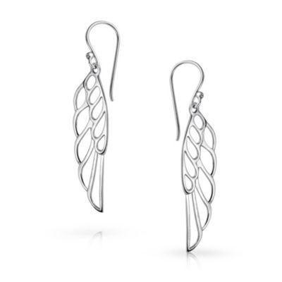Spiritual Religious Dangle Angel Wing Feather Earrings Sterling Silver