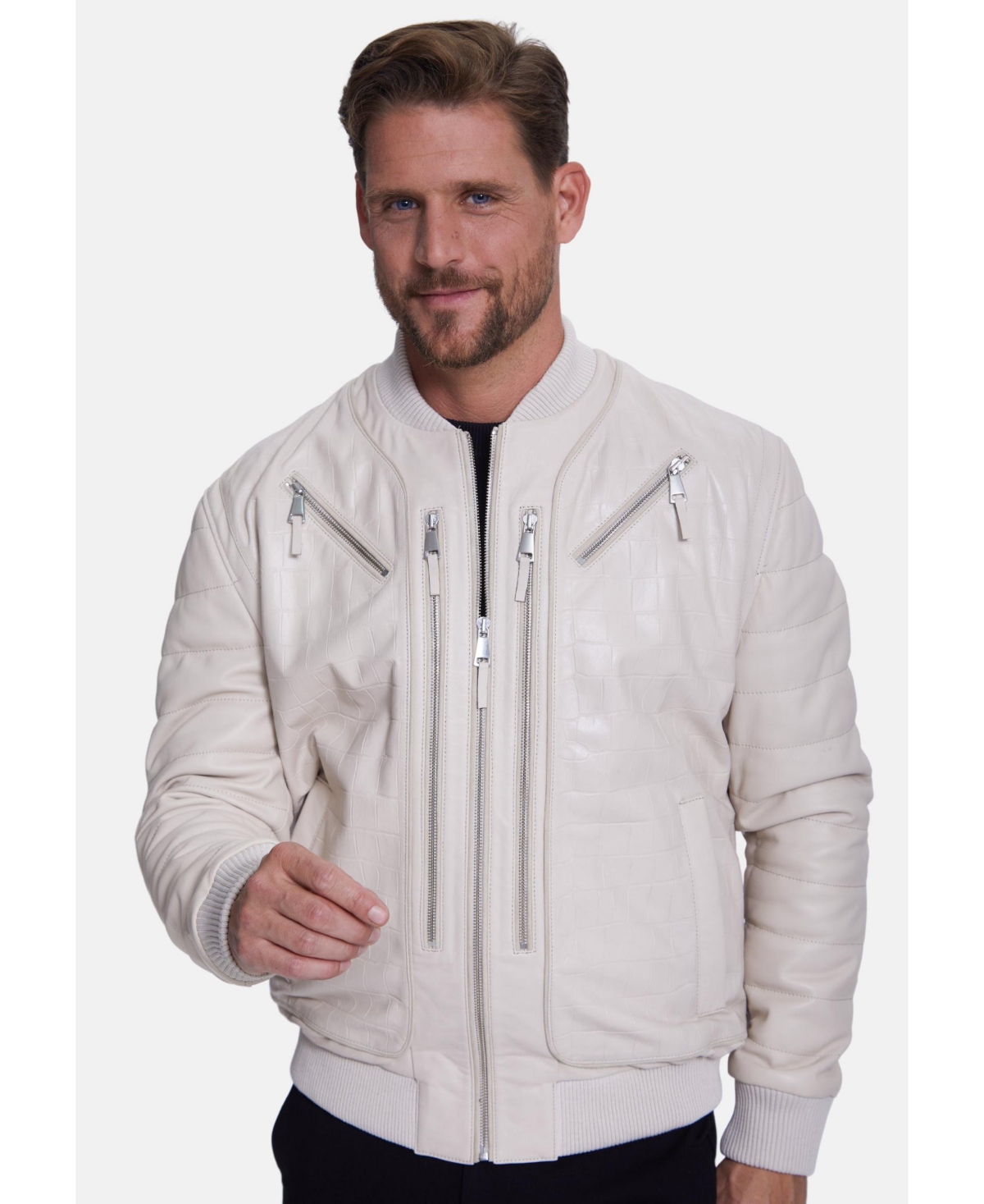 Men's Fashion Leather Jacket, Beige - Beige/khaki