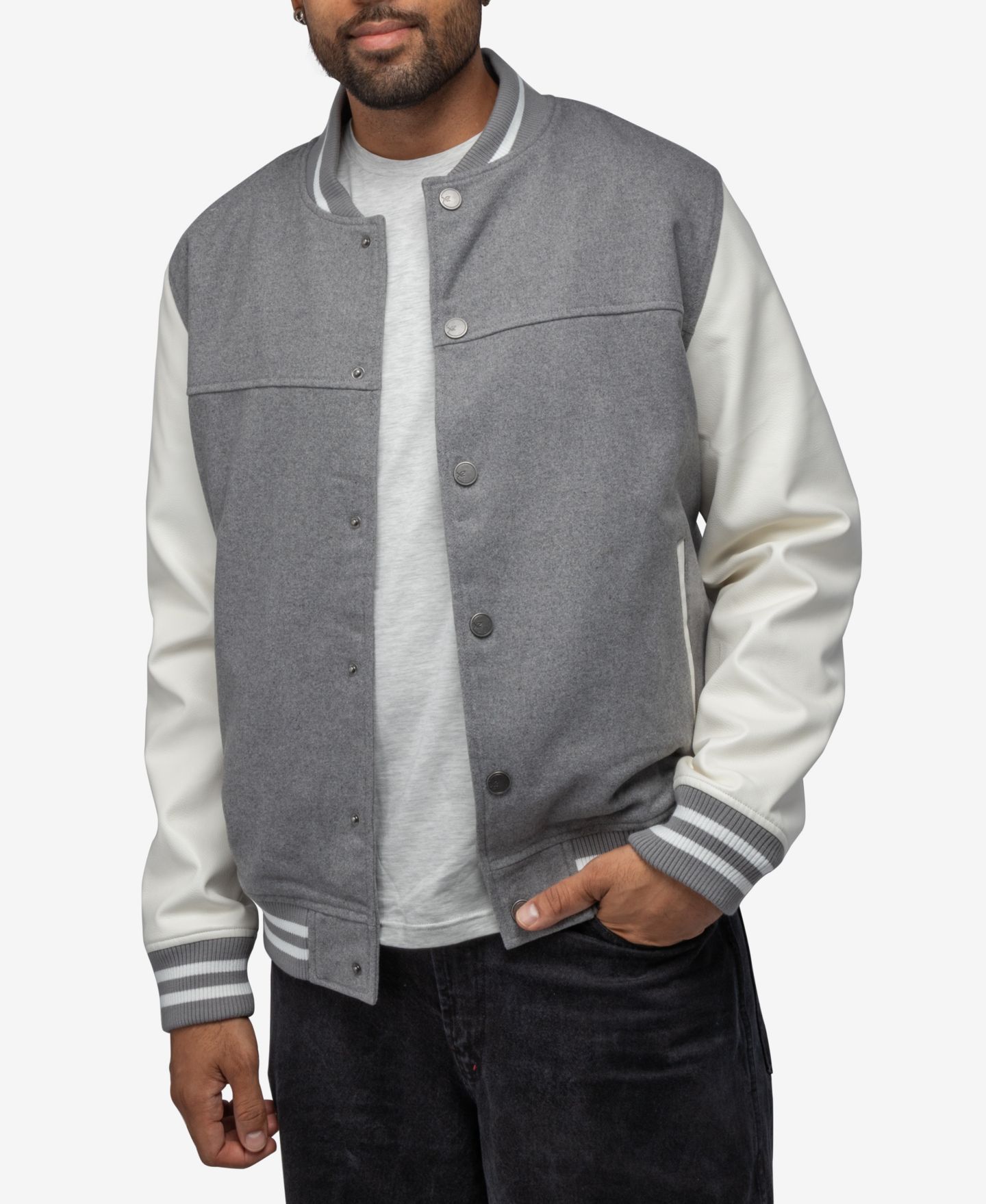 Мужская куртка X-Ray Wool Varsity Bomber With PU Sleeves, цвет: Серый / Белый — фото 12