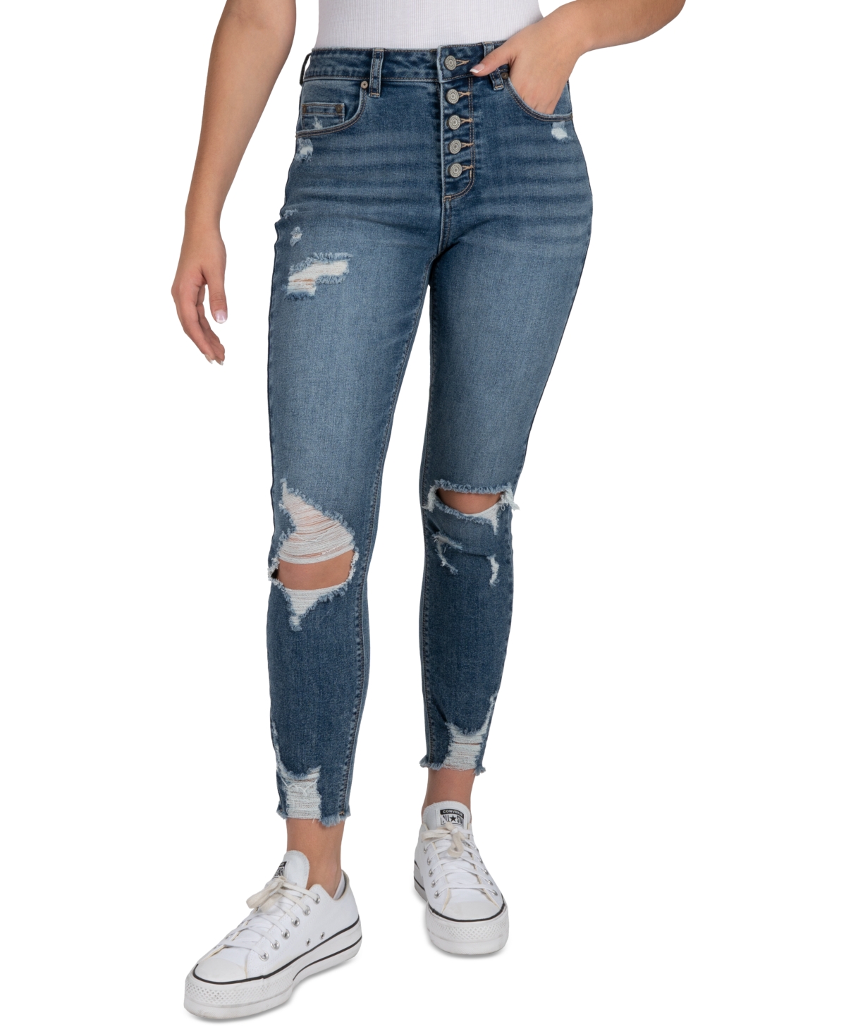 Juniors' Curvy High-Rise Button-Front Distress Ankle Jeans - Med Blue