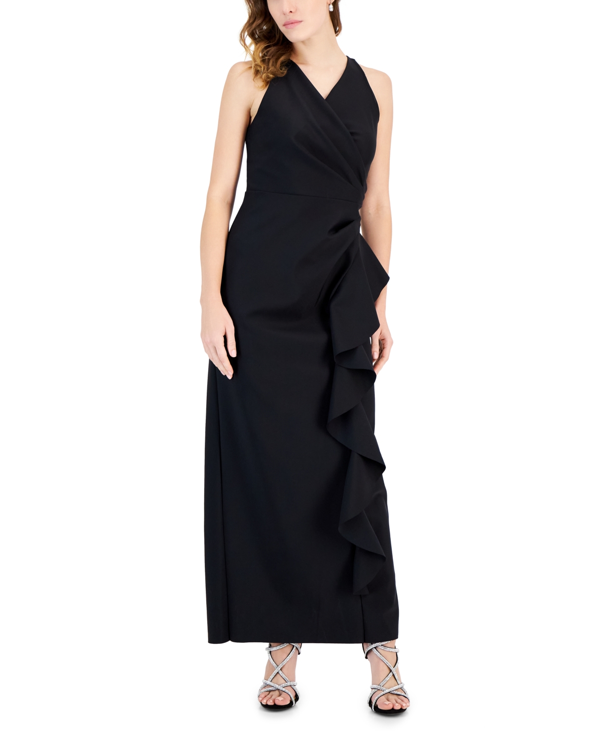Alex Evenings Women's Surplice-neck Cascade-ruffle Dress In Black