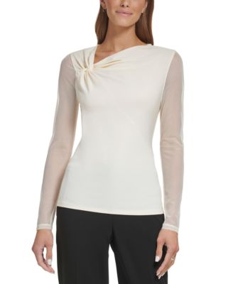 DKNY - Petite Solid-Color Asymmetrical V-Neck Sheer-Sleeve Top