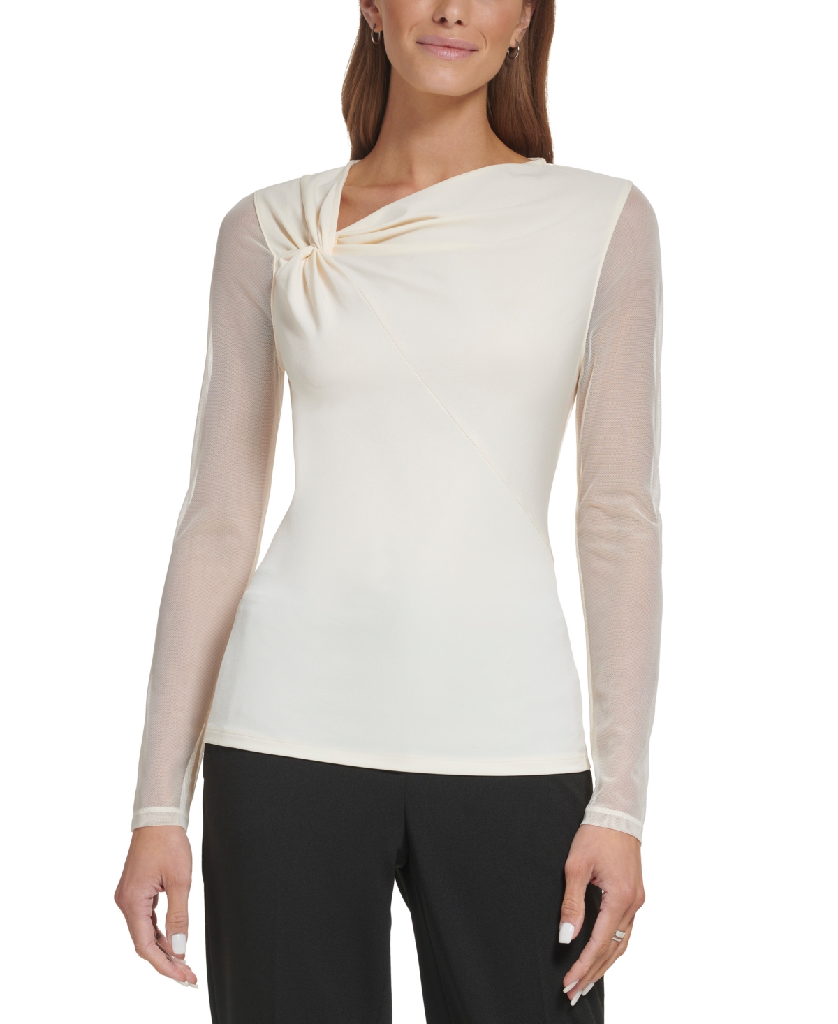 Shop Dkny Petite Solid-color Asymmetrical V-neck Sheer-sleeve Top In Buttercream