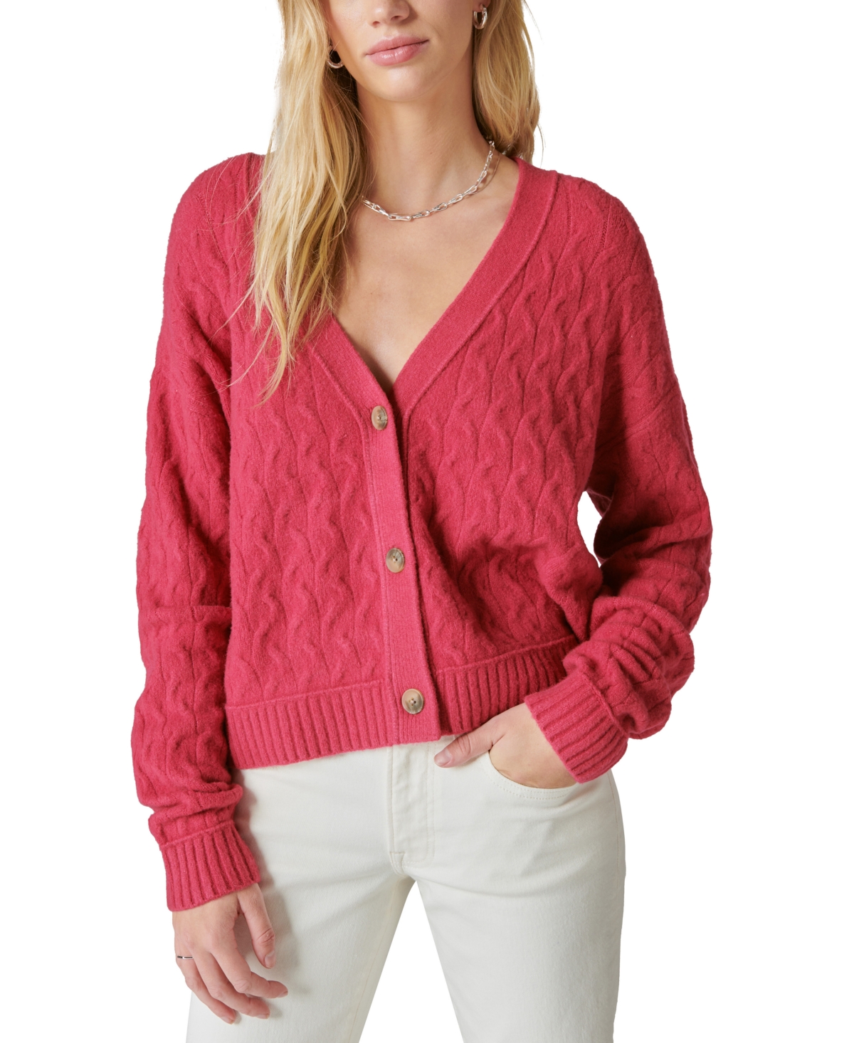 Shop Lucky Brand Women's Cozy Cable-knit Button-front Cardigan In Red Bud